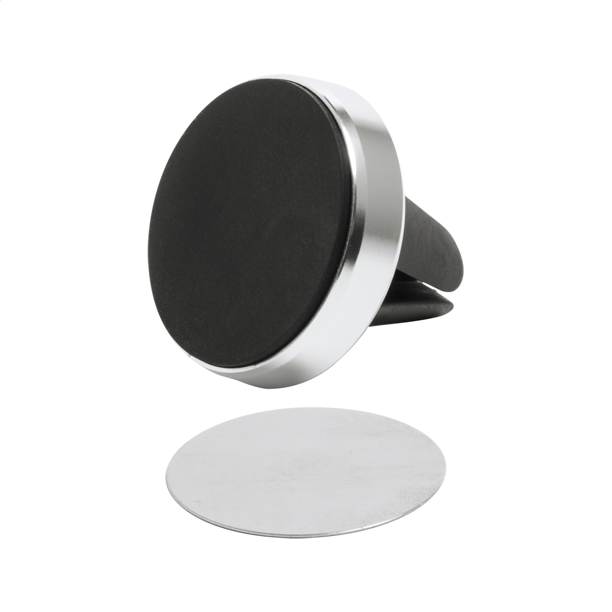 Supporto porta cellulare magnetico per auto in alluminio, con gancio di montaggio alle bocchette dell'aria — gadget promozionale personalizzabile con il tuo logo