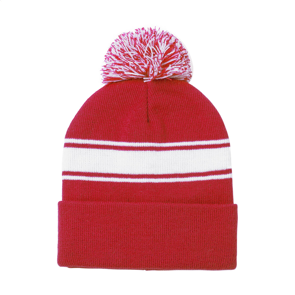 Cappello invernale in acrilico con strisce bianche e pompon coordinato — gadget promozionale personalizzabile con il tuo logo