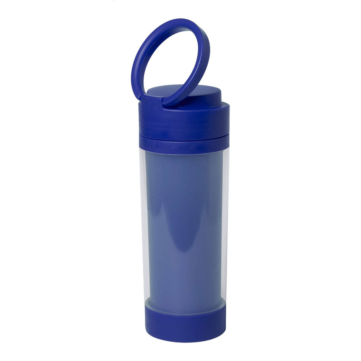 Bottiglia sportiva in plastica con manico sul coperchio e portacellulare estraibile sul fondo — gadget promozionale personalizzabile con il tuo logo
