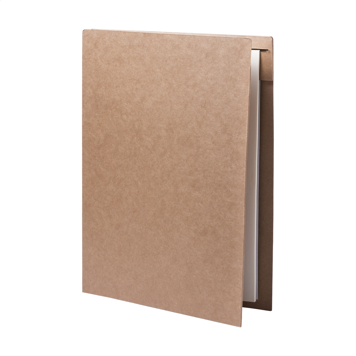 Cartella porta documenti in carta riciclata con blocco note da 20 fogli bianchi e penna a sfera con refill blu — gadget promozionale personalizzabile con il tuo logo