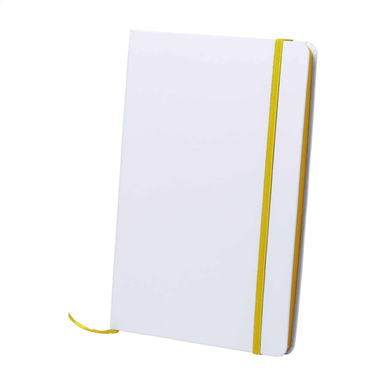 Quaderno formato A5 con copertina in cartoncino bianco e 100 fogli bianchi, costa del quaderno e cinturino in gomma in colore coordinato — gadget promozionale personalizzabile con il tuo logo