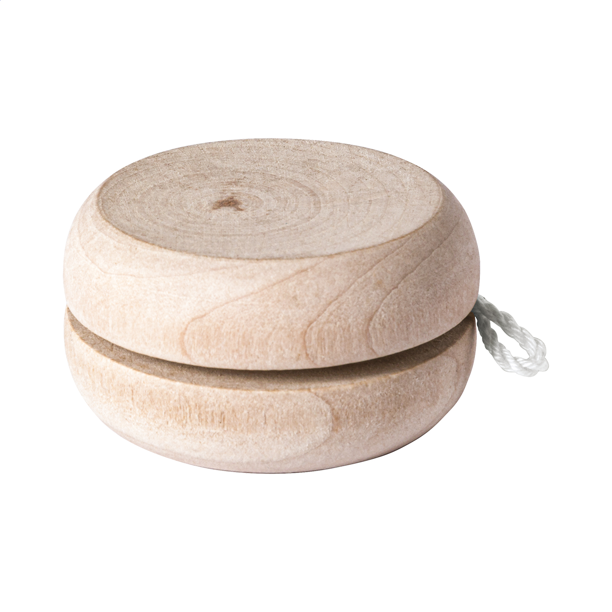 Yo-yo in legno con filo in cotone bianco — gadget promozionale personalizzabile con il tuo logo