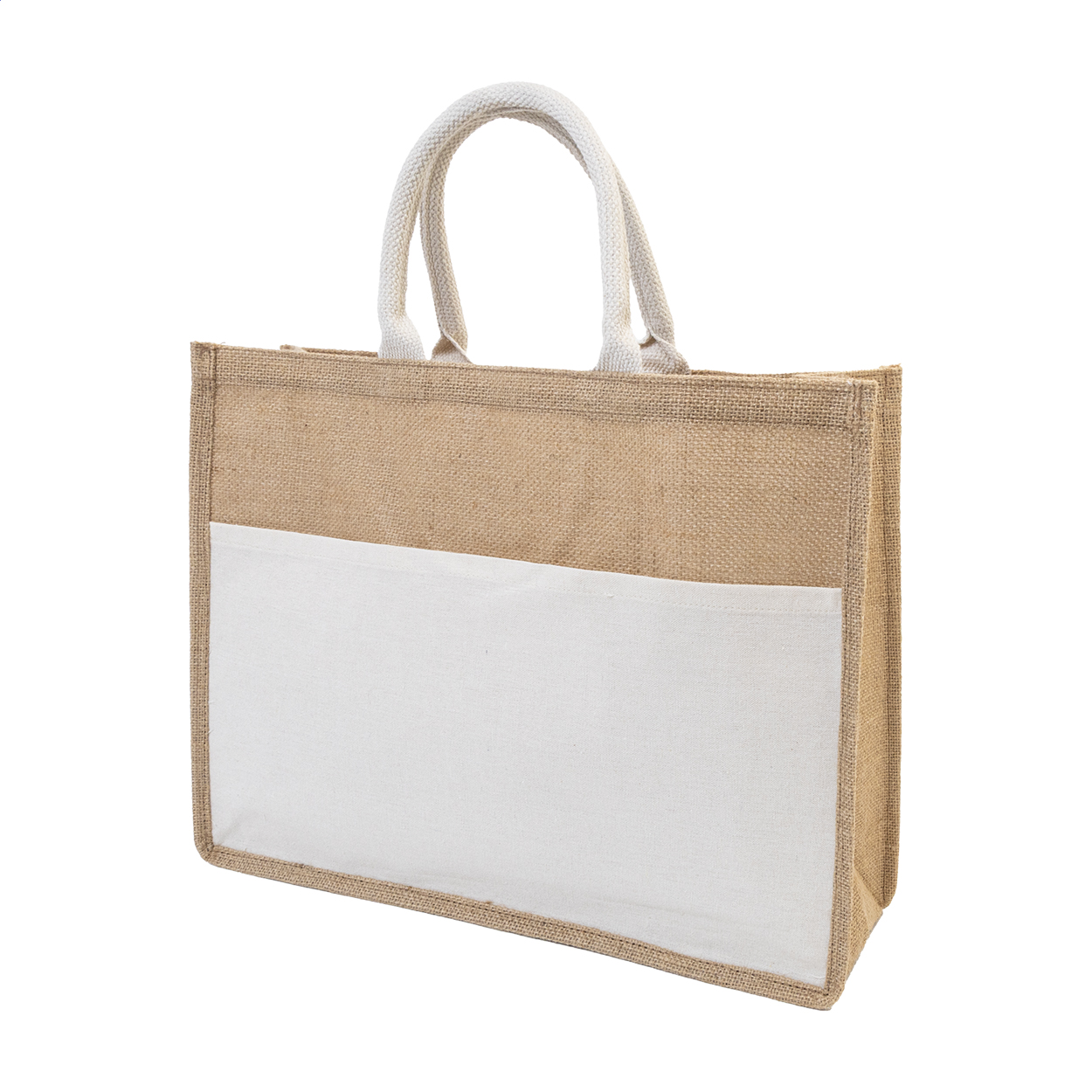 Borsa shopper da spiaggia in juta laminata con manici in cotone e tasca frontale — gadget promozionale personalizzabile con il tuo logo