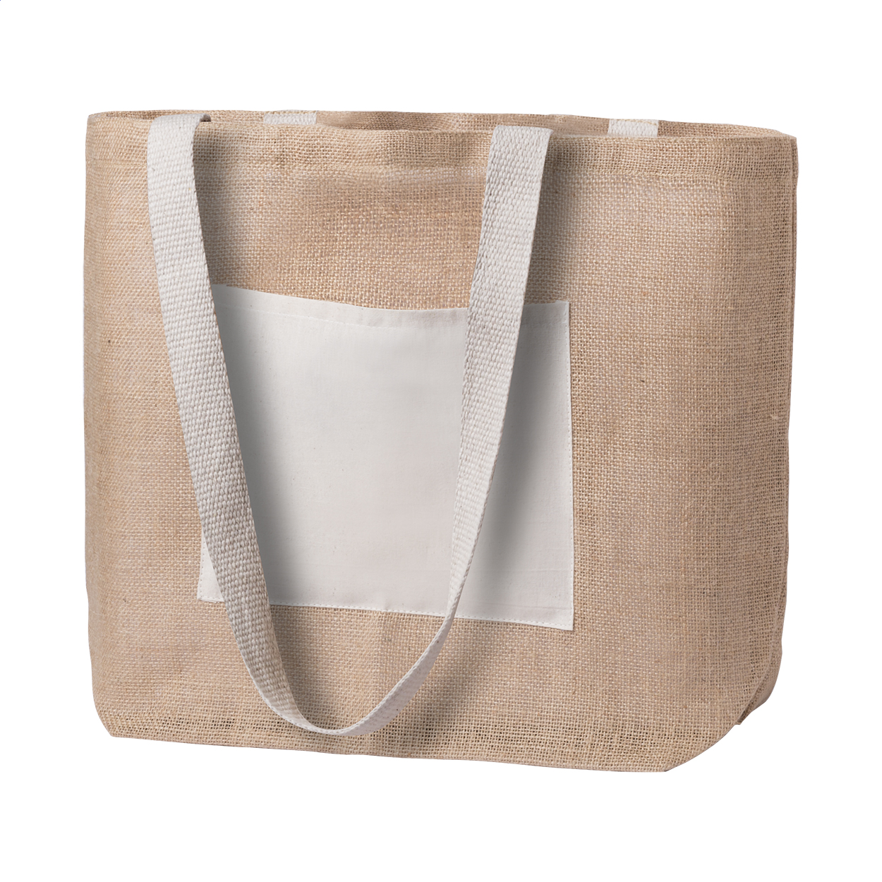 Borsa da spiaggia in juta con tasca frontale e manici in colore coordinato — gadget promozionale personalizzabile con il tuo logo