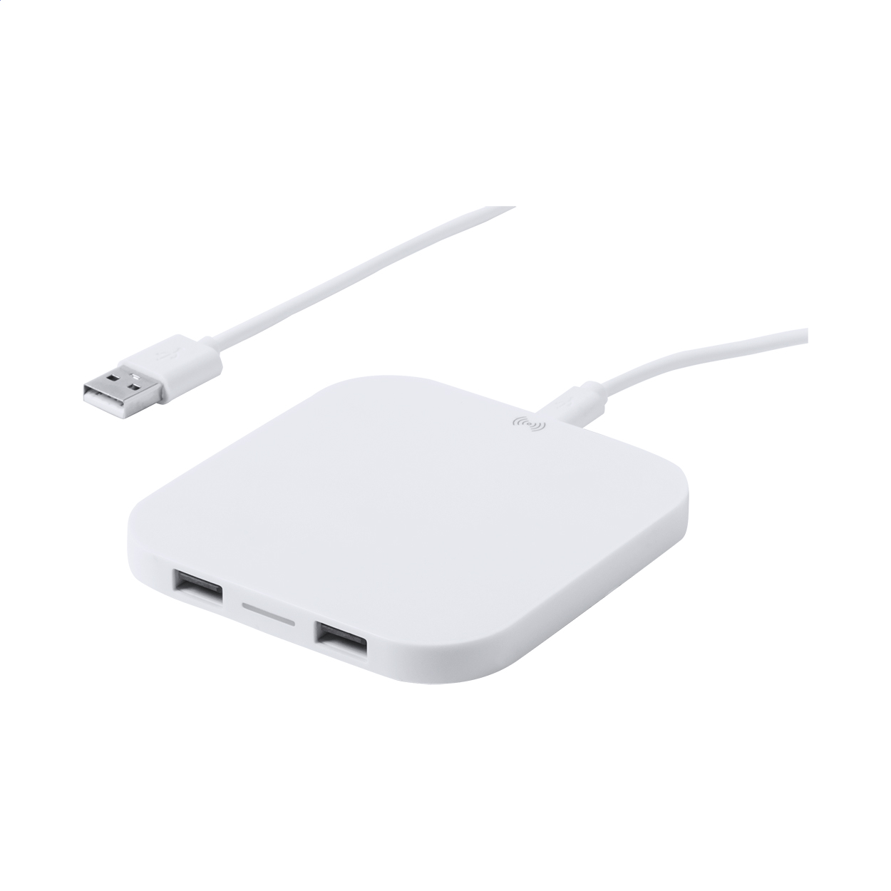 Caricabatterie wireless (10W) corpo in plastica con 2 porte USB — gadget promozionale personalizzabile con il tuo logo