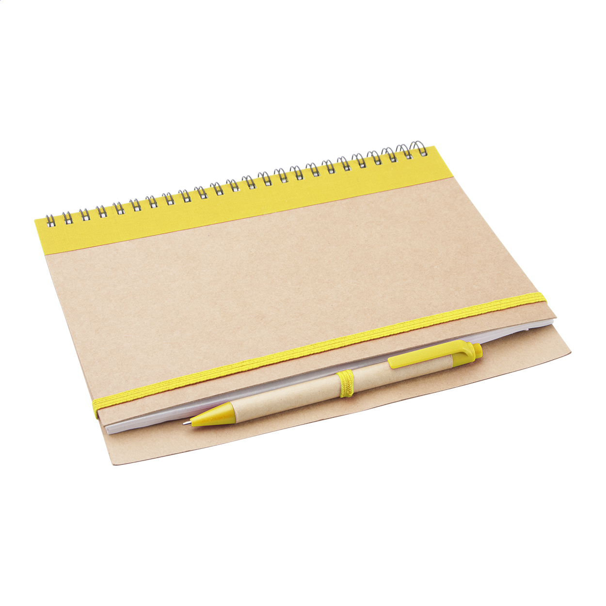 Quaderno con copertina in carta riciclata, 60 fogli bianchi e penna a sfera — gadget promozionale personalizzabile con il tuo logo