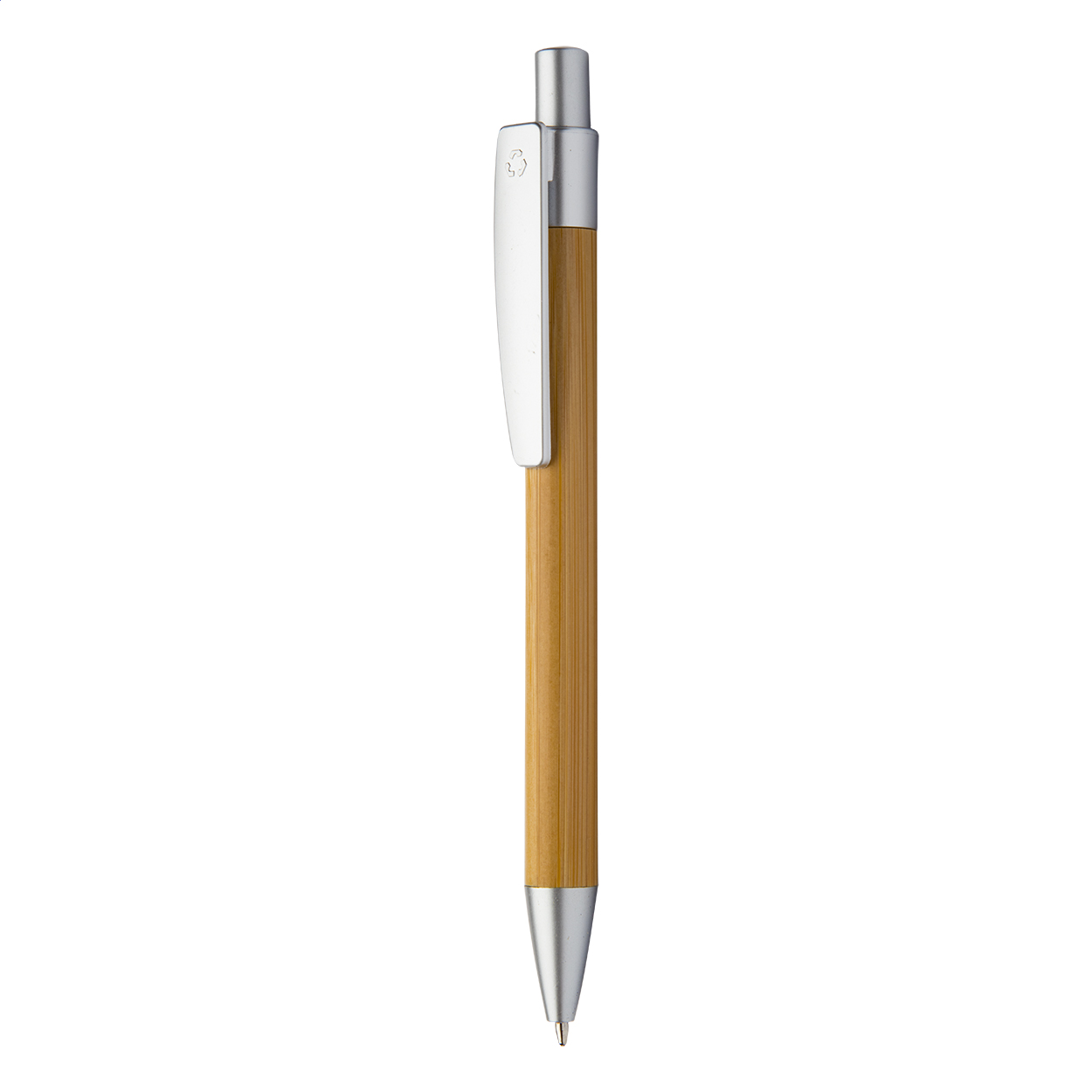 Penna a sfera in bambù in confezione di cartoncino nero — gadget promozionale personalizzabile con il tuo logo