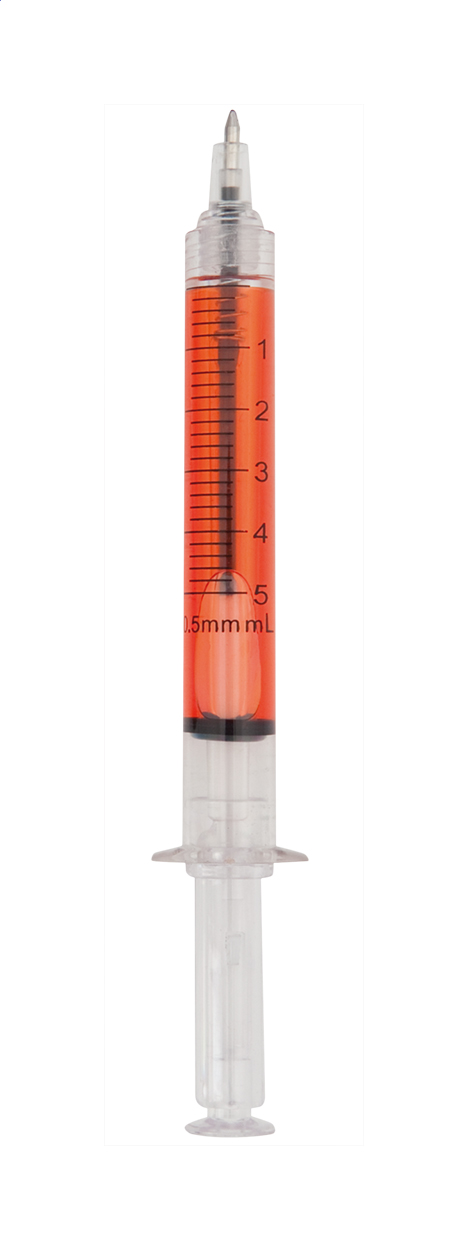 Penna a sfera in plastica a forma di siringa con corpo trasparente riempito di liquido e refill blu — gadget promozionale personalizzabile con il tuo logo