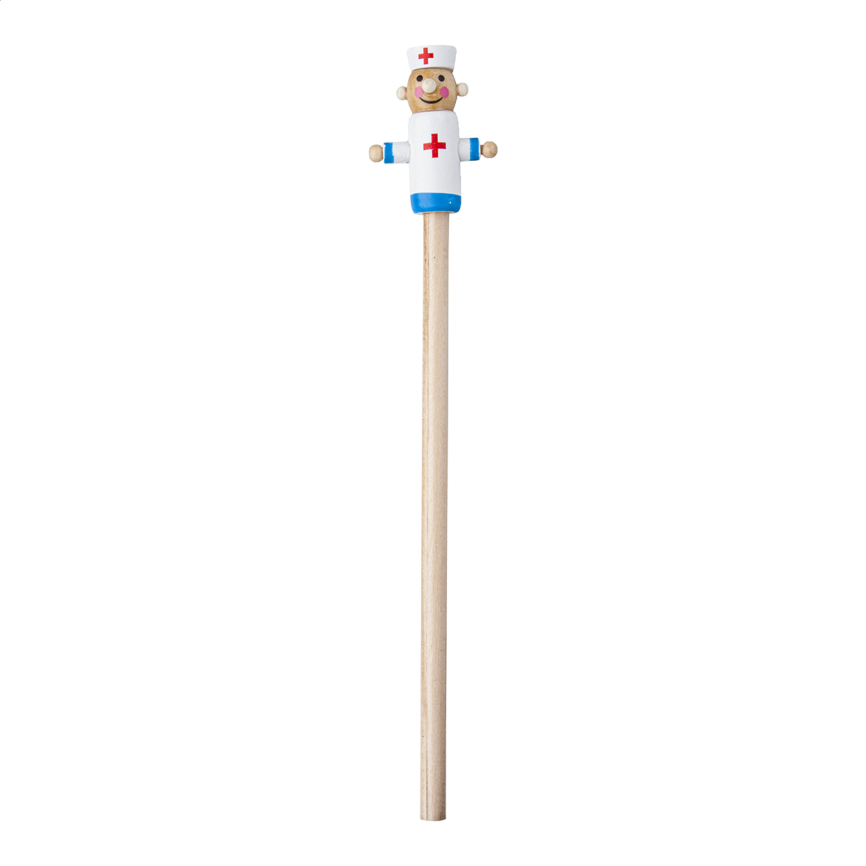 Matita in legno con figura di dottore sulla cima, fornita non appuntita — gadget promozionale personalizzabile con il tuo logo