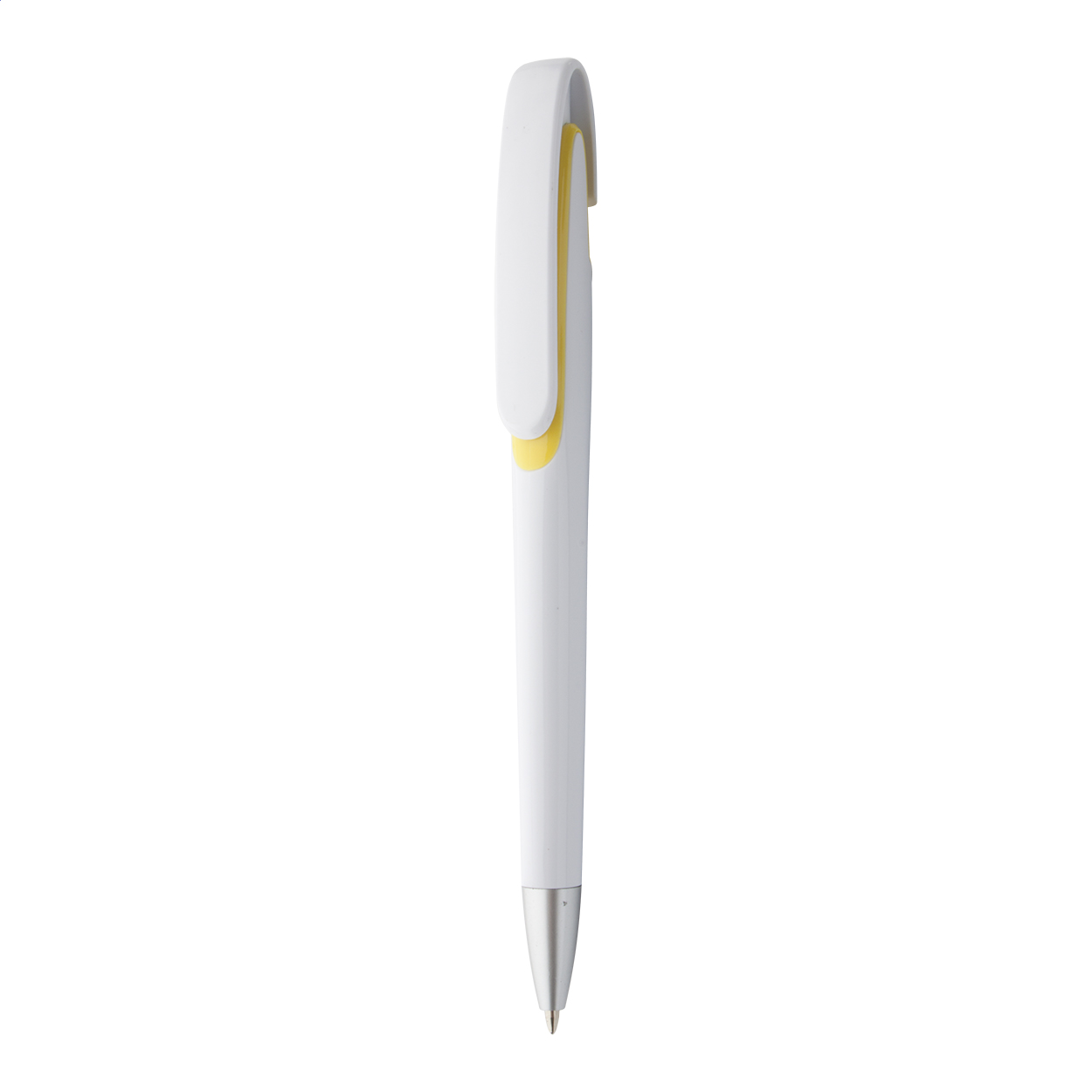 Penna a sfera in plastica bianca particolari colorati e puntale cromato — gadget promozionale personalizzabile con il tuo logo