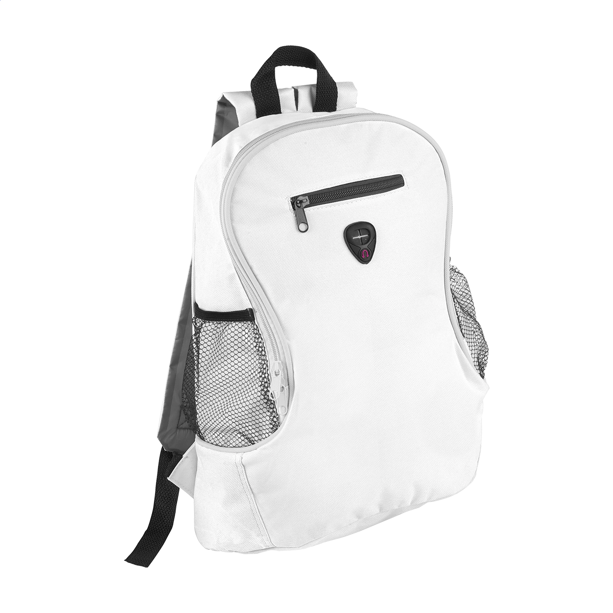 Zaino in poliestere 600D con spallacci regolabili, uscita per auricolari, tasche laterali in rete, tasca per cellulare con zip e scomparto principale — gadget promozionale personalizzabile con il tuo logo