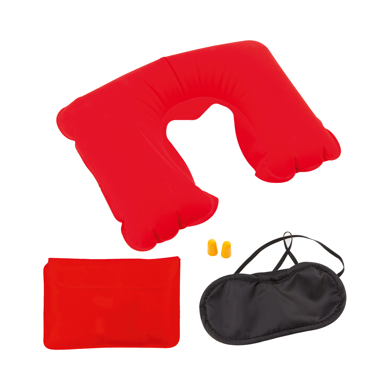 Set da viaggio composto da cuscino gonfiabile, maschera per gli occhi e tappi per le orecchie — gadget promozionale personalizzabile con il tuo logo