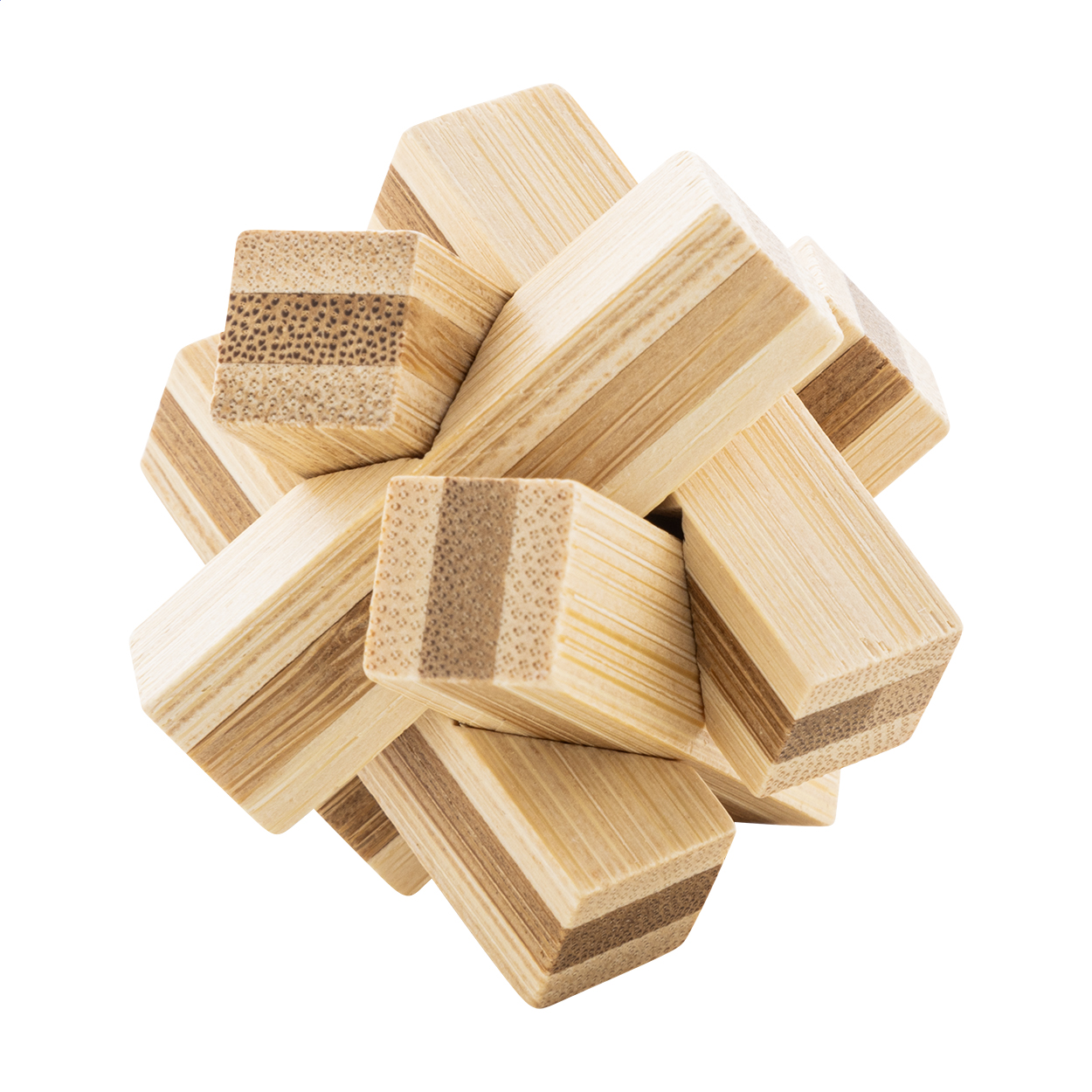 Puzzle magico in bambù confezionato in una scatola di cartoncino kraft — gadget promozionale personalizzabile con il tuo logo