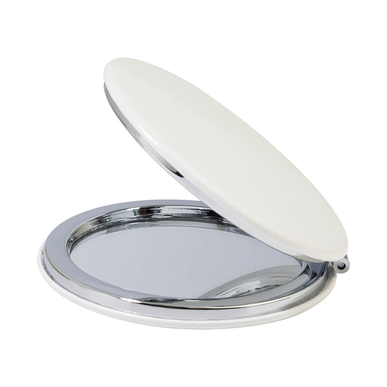 Specchietto di cortesia di forma rotonda, rivestito in pelle PU riciclata, con chiusura magnetica — gadget promozionale personalizzabile con il tuo logo