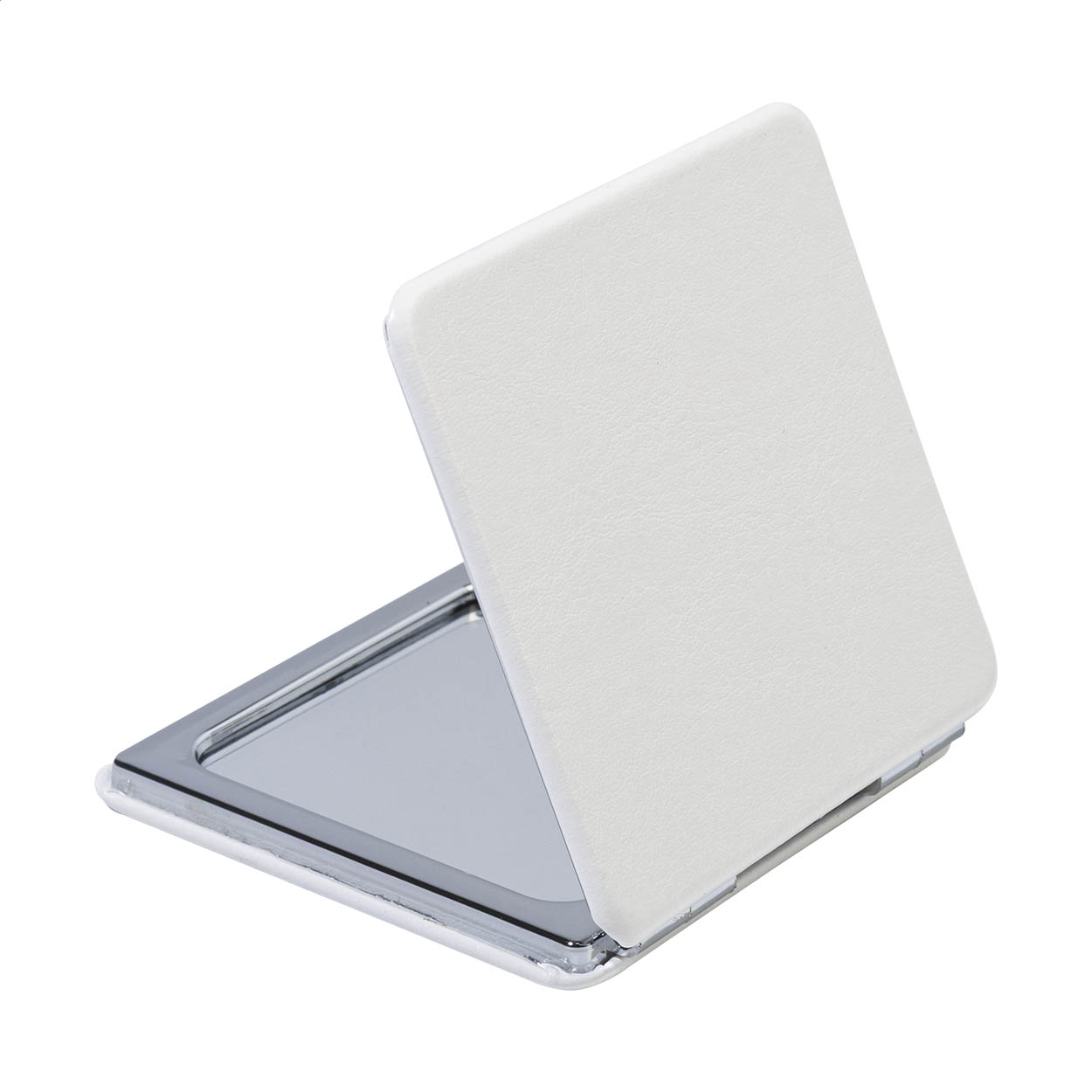 Specchietto di cortesia di forma quadrata, rivestito in pelle PU riciclata, con chiusura magnetica — gadget promozionale personalizzabile con il tuo logo