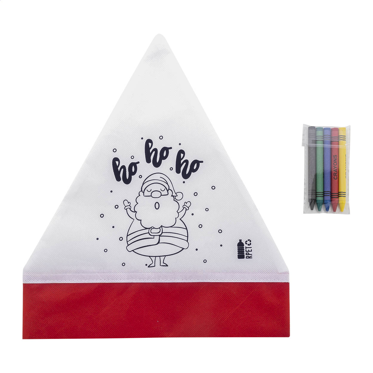 Cappello Babbo Natale a tema natalizio da colorare in tessuto non tessuto RPET con 5 pastelli — gadget promozionale personalizzabile con il tuo logo