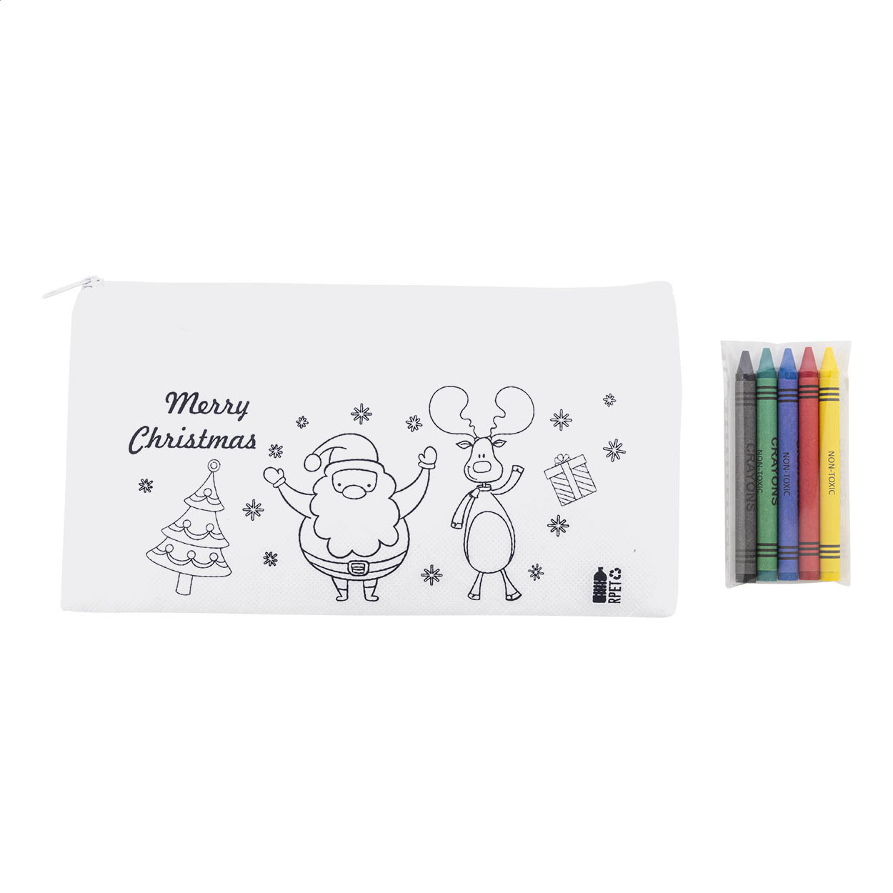 Astuccio a tema natalizio da colorare in tessuto non tessuto RPET con 5 pastelli — gadget promozionale personalizzabile con il tuo logo