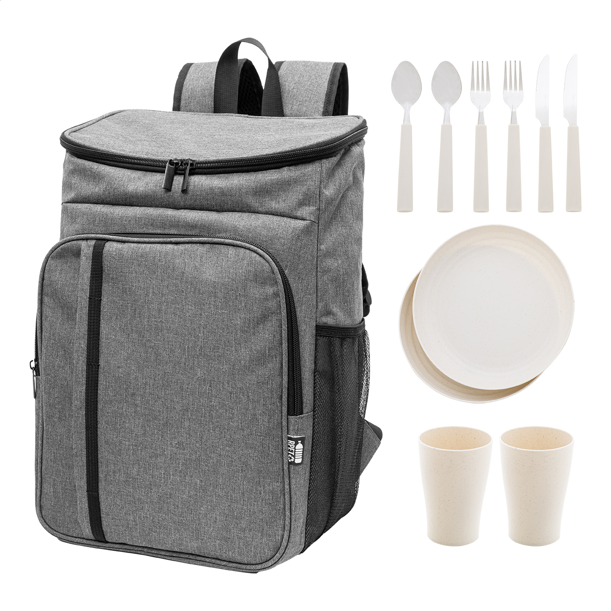 Set da picnic composto da zaino in poliestere 600D RPET, con tasca anteriore e scomparto termico con imbottitura in PEVA chiusi da cerniera — gadget promozionale personalizzabile con il tuo logo