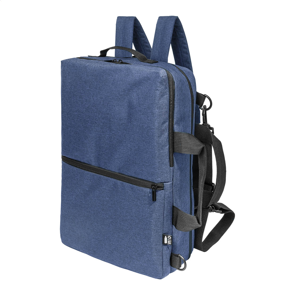 Zaino con doppia funzione di borsa portadocumenti in poliestere 600D RPET, con scomparto chiuso da cerniera, 2 tasche anteriori con cerniera, e scomparto imbottito per computer portatile (15"), etichetta RPET, schienale e spallacci imbottiti — gadget promozionale personalizzabile con il tuo logo