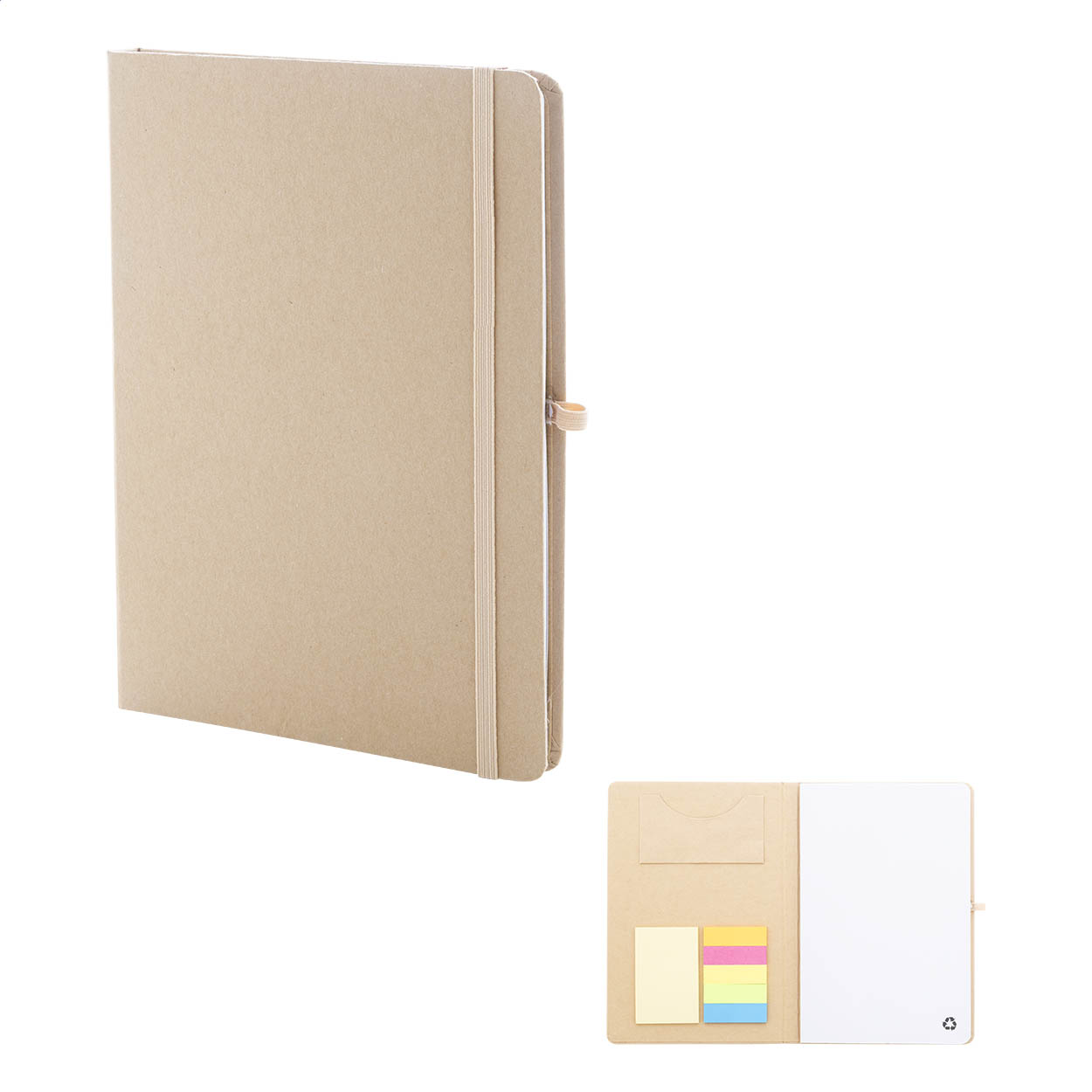 Quaderno formato A5 con copertina in cartoncino riciclato, 70 fogli in carta riciclata, elastico e portapenne — gadget promozionale personalizzabile con il tuo logo
