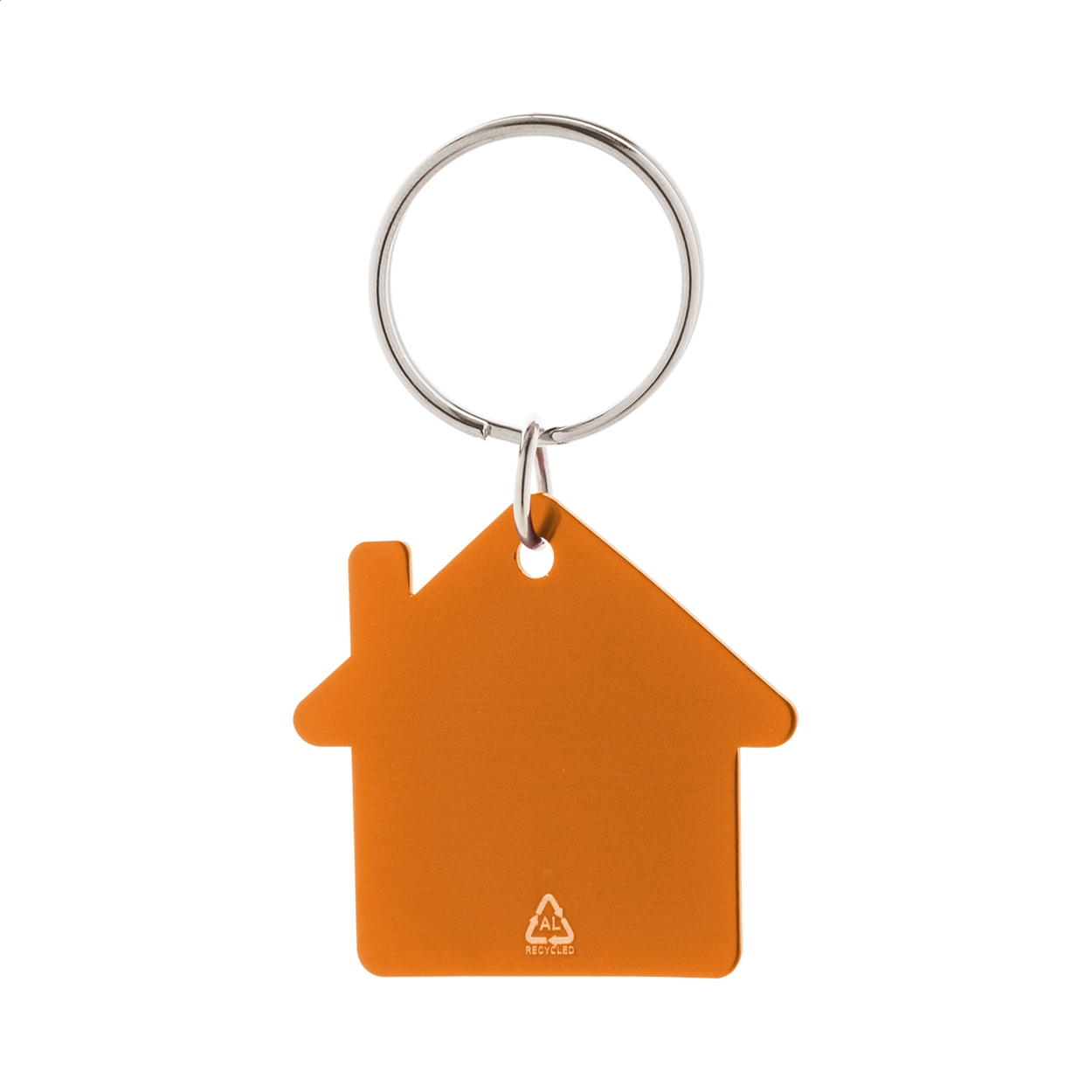 Portachiavi in alluminio riciclato a forma di casa con anello in metallo — gadget promozionale personalizzabile con il tuo logo
