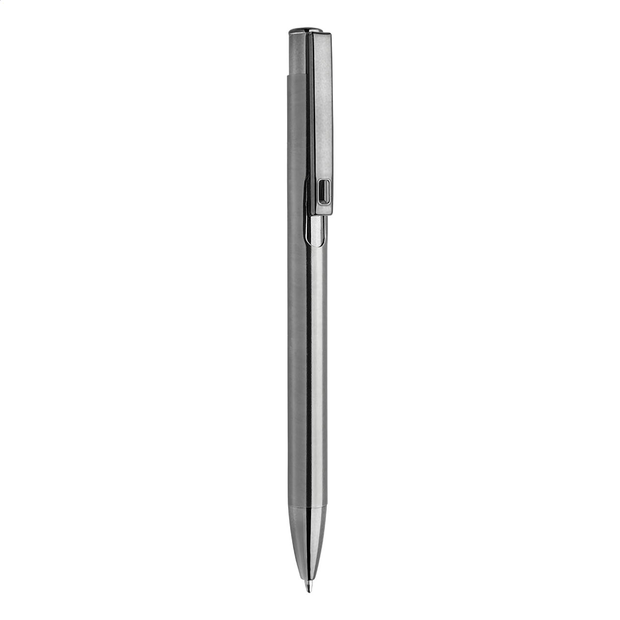 Penna a sfera in alluminio riciclato con finitura metallica lucida e refill blu — gadget promozionale personalizzabile con il tuo logo