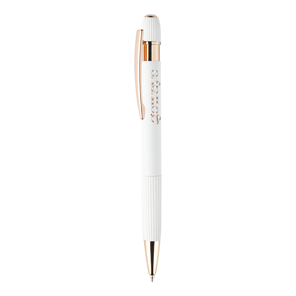 Penna a sfera in alluminio riciclato con refill blu, corpo gommato e dettagli in color oro rosa — gadget promozionale personalizzabile con il tuo logo