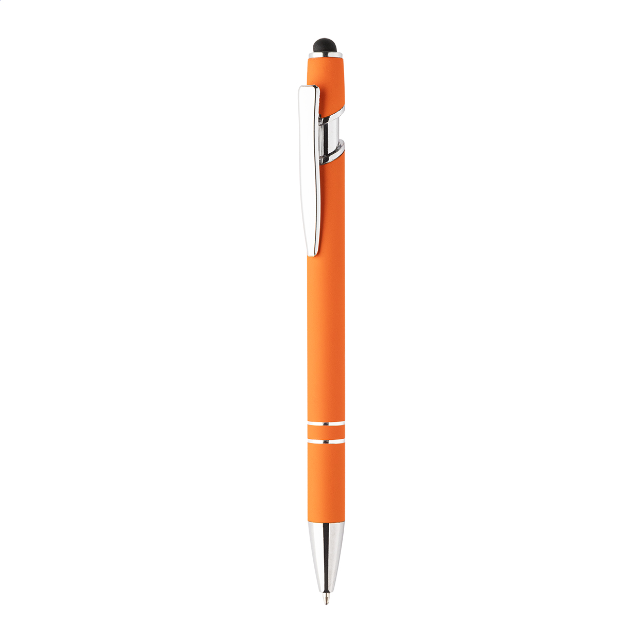 Penna a sfera capacitiva in alluminio riciclato con corpo gommato, dettagli cromati e refill blu — gadget promozionale personalizzabile con il tuo logo