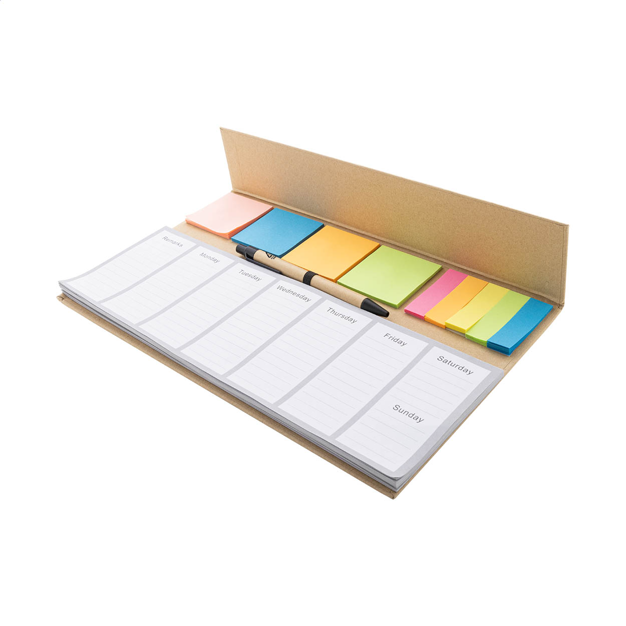 Set da scrivania composto da planner settimanale da 50 fogli in carta riciclata non datati, 100 foglietti adesivi (in 4 colori) e 125 segnapagina (in 5 colori), ed una penna a sfera in carta riciclata con refill blu — gadget promozionale personalizzabile con il tuo logo