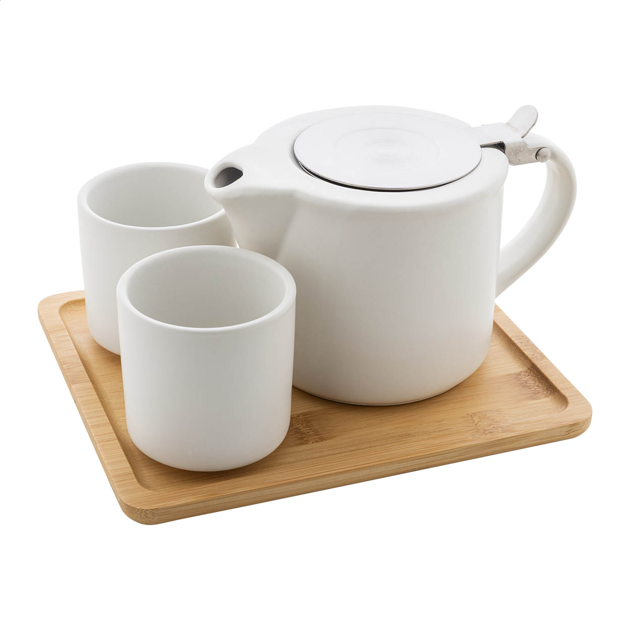 Set da tè in ceramica di alta qualità con finitura opaca e vassoio di servizio in bambù — gadget promozionale personalizzabile con il tuo logo