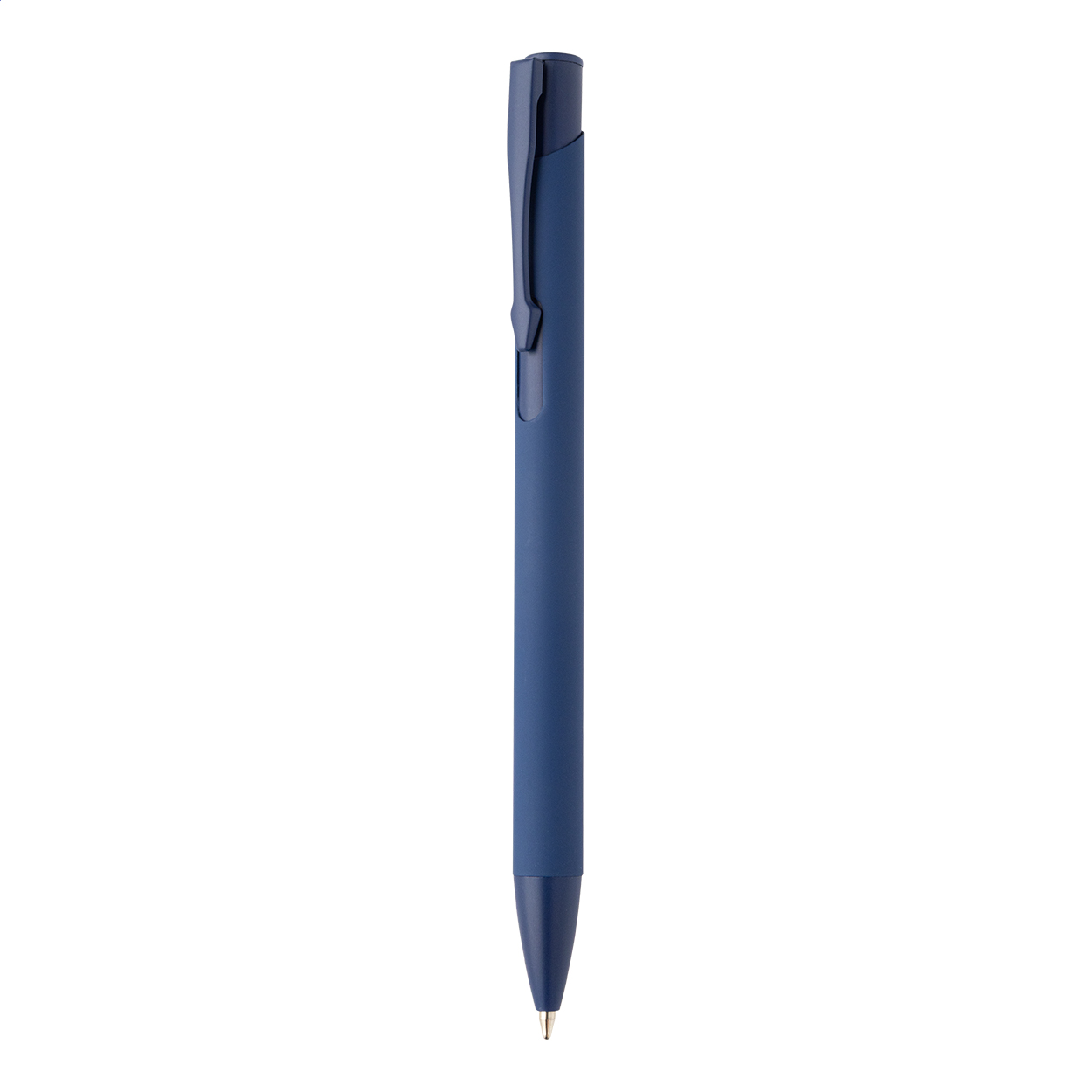 Penna a sfera in alluminio riciclato con corpo gommato, dettagli in colore coordinato e refill blu — gadget promozionale personalizzabile con il tuo logo