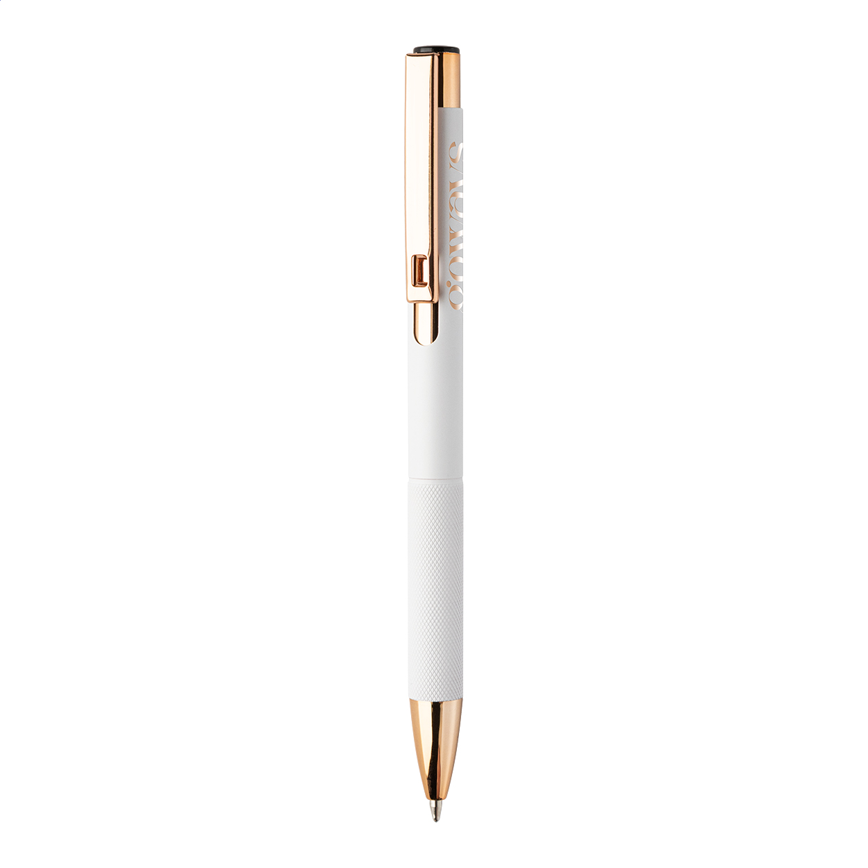 Penna a sfera in alluminio riciclato con corpo in finitura opaca, impugnatura testurizzata, dettagli in color oro rosa e refill blu — gadget promozionale personalizzabile con il tuo logo