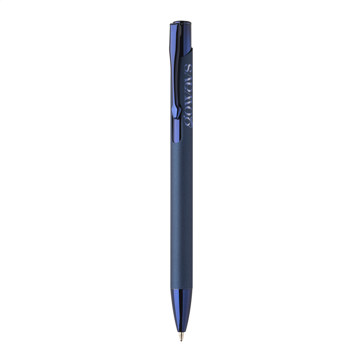Penna a sfera in alluminio riciclato con corpo gommato, parti colorate con finitura metallica lucida e refill blu — gadget promozionale personalizzabile con il tuo logo