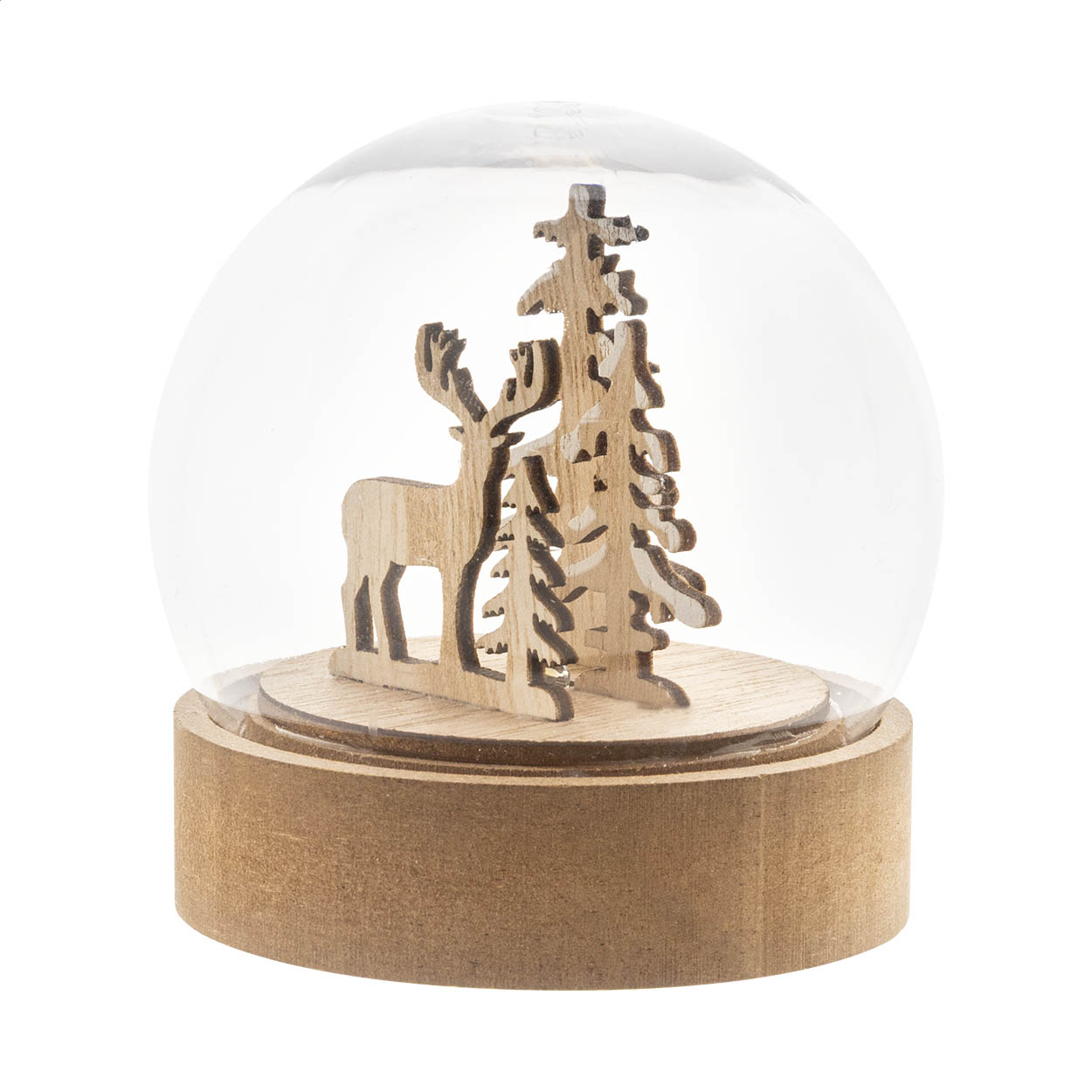 Decorazione natalizia illuminata a forma di palla di neve su base in legno MDF con luce LED — gadget promozionale personalizzabile con il tuo logo