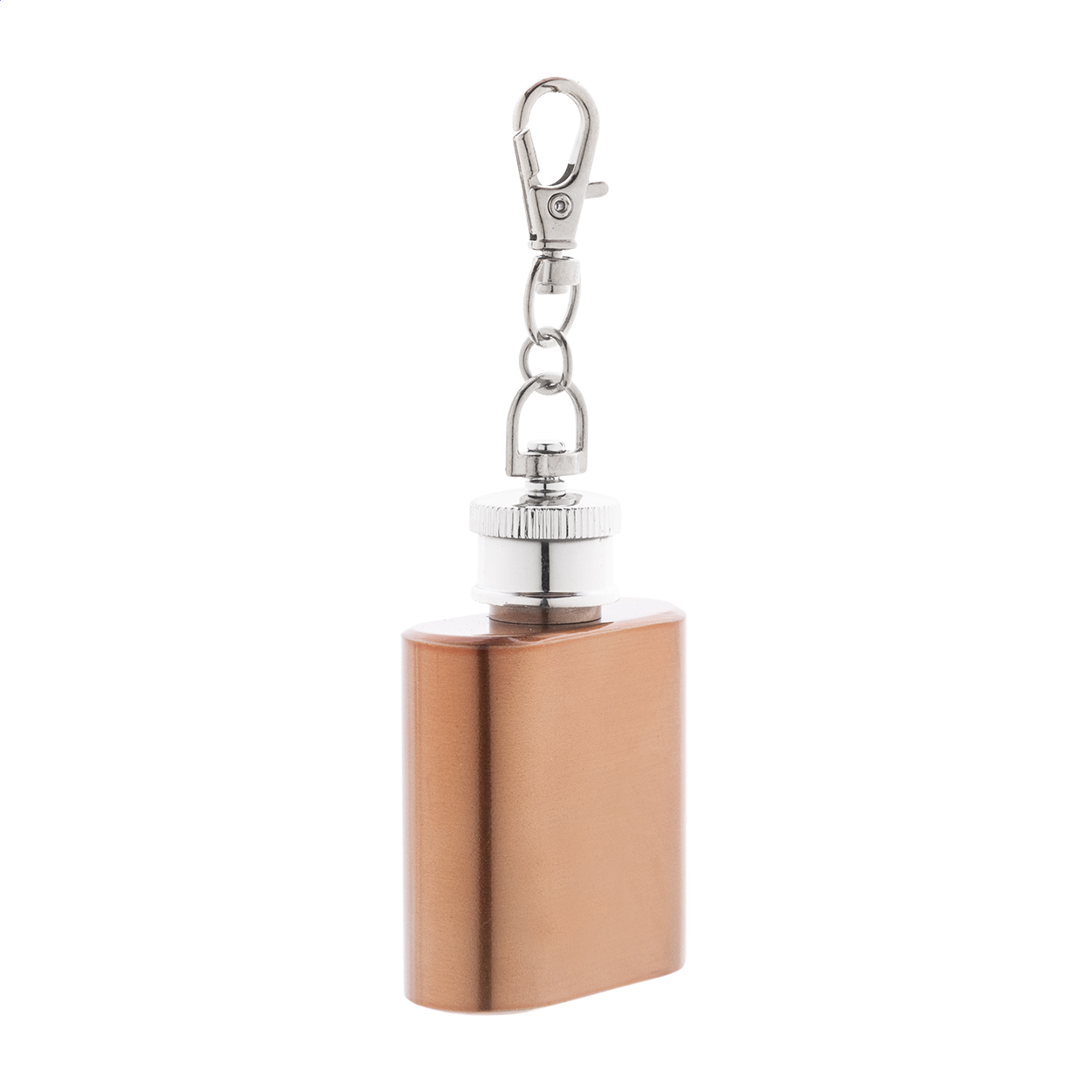 Mini fiaschetta in acciaio riciclato da 30ml con finitura metallica lucida e portachiavi con moschettone — gadget promozionale personalizzabile con il tuo logo