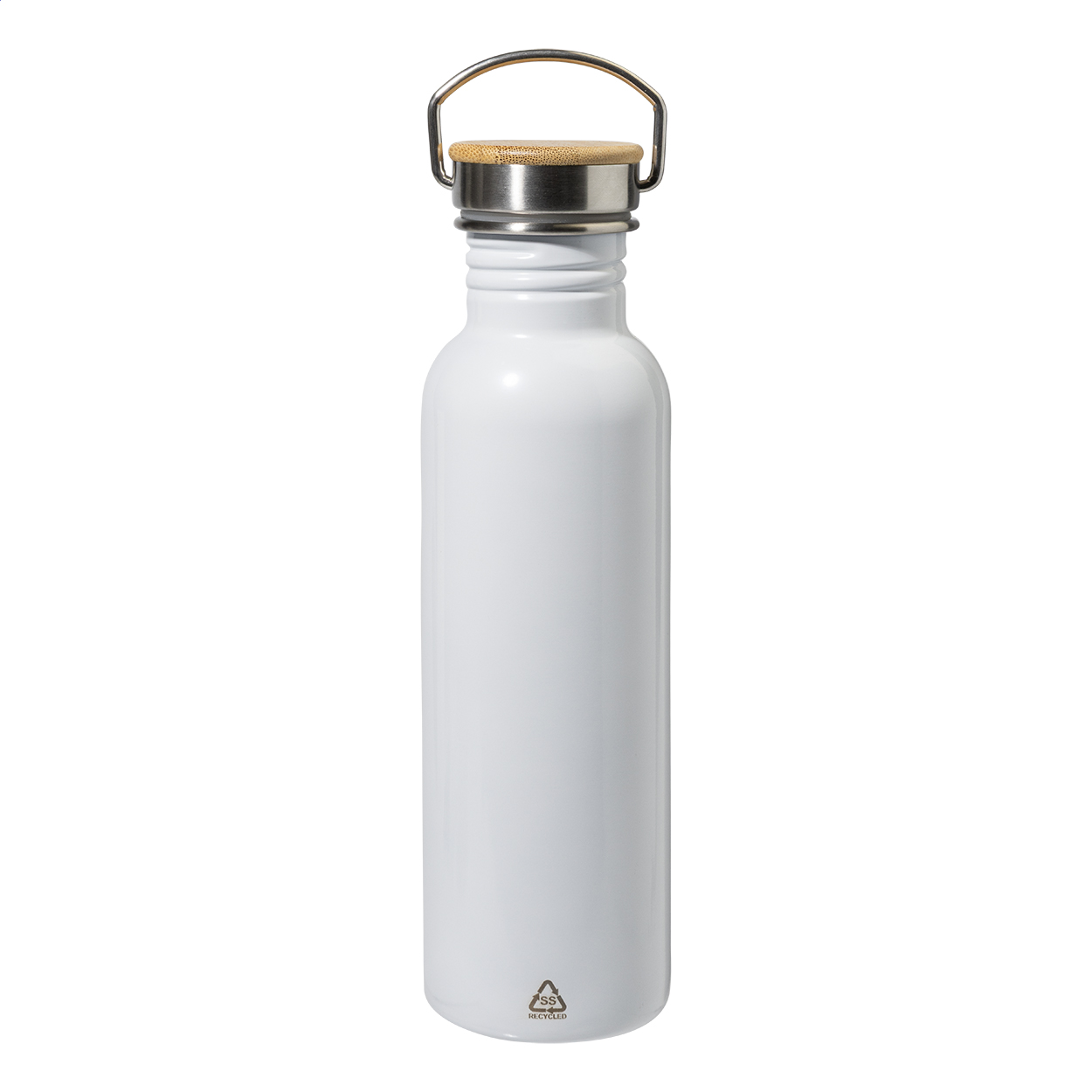 Borraccia in acciaio riciclato da 750ml con tappo in bambù — gadget promozionale personalizzabile con il tuo logo