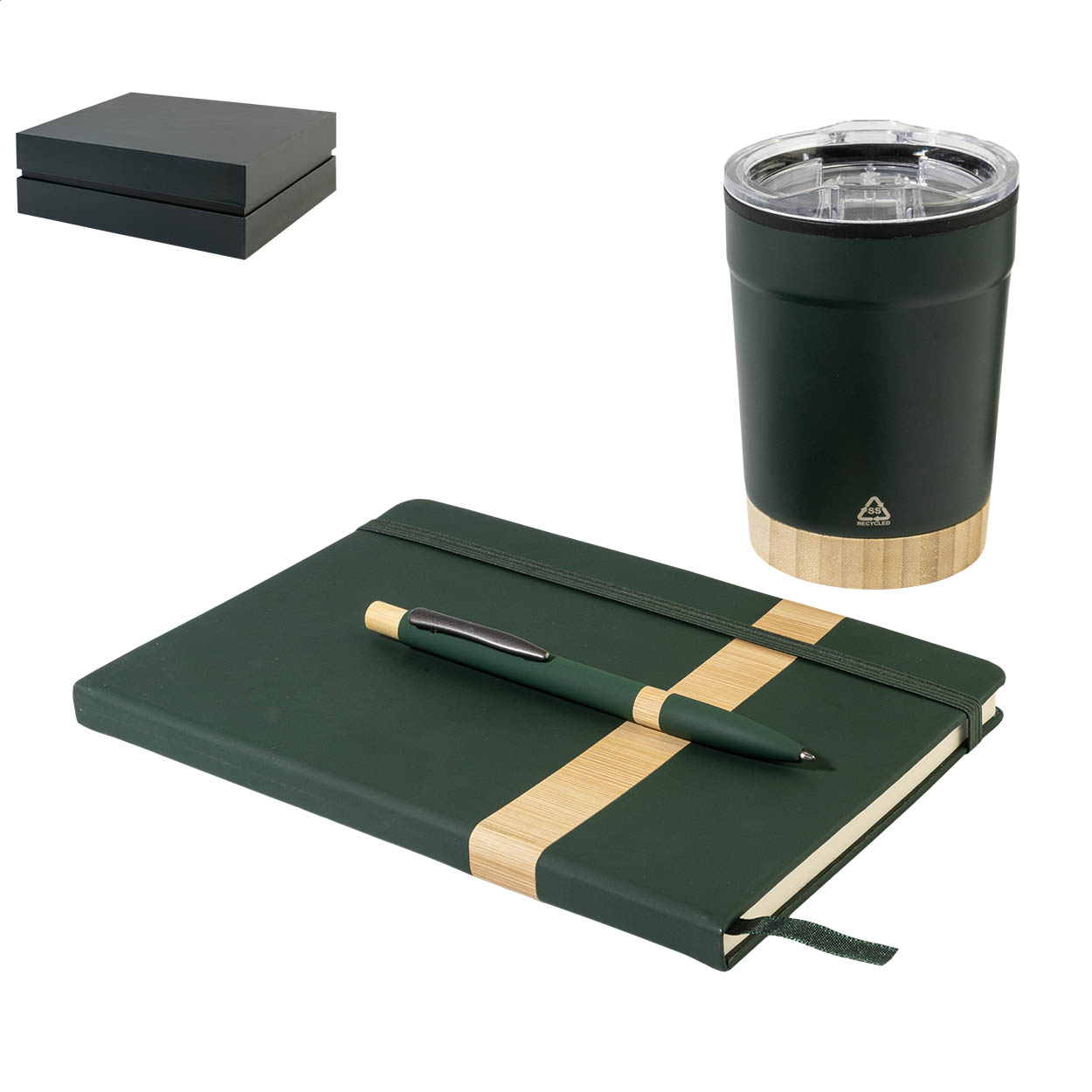 Set regalo da 3 pezzi in confezione regalo di cartoncino, composto da articoli con dettagli e motivi a bambù — gadget promozionale personalizzabile con il tuo logo