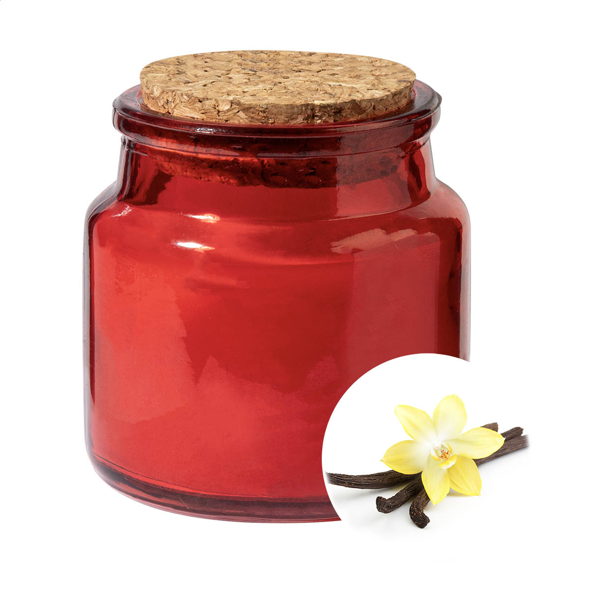 Candela in cera vegetale profumata alla vaniglia contenuta in un contenitore di vetro con coperchio in sughero naturale — gadget promozionale personalizzabile con il tuo logo