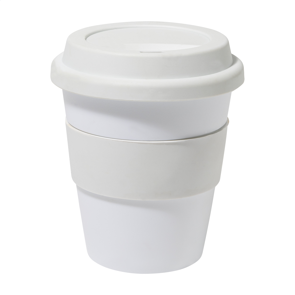 Bicchiere da viaggio da 350ml in plastica PP a parete singola con coperchio e fascetta in TPE — gadget promozionale personalizzabile con il tuo logo