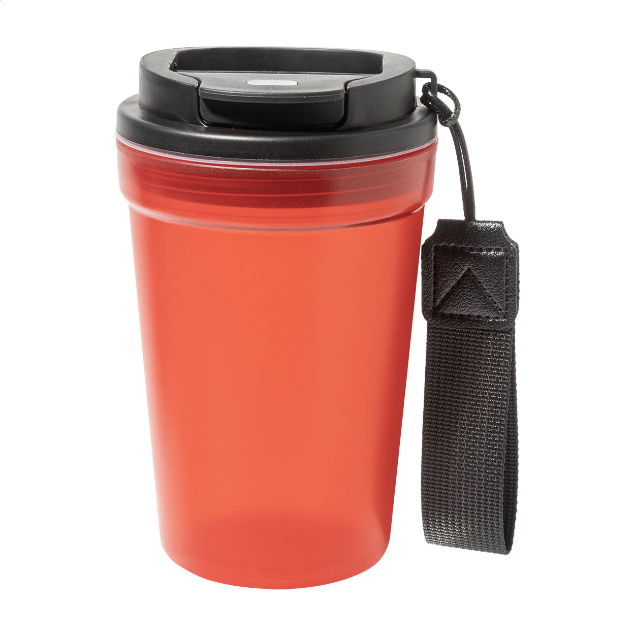 Bicchiere da viaggio da 400ml in plastica PP a parete singola con finitura satinata, coperchio salvagoccia e fascetta in poliestere RPET — gadget promozionale personalizzabile con il tuo logo