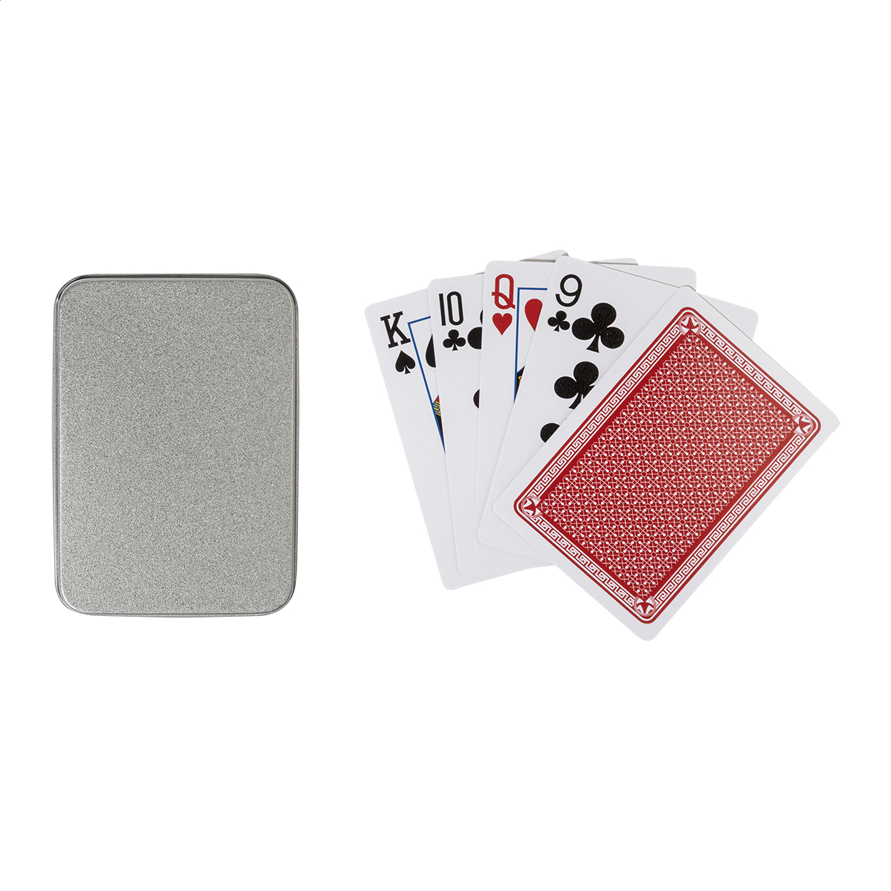 Carte da gioco classiche in carta riciclata in una scatola di latta argentata — gadget promozionale personalizzabile con il tuo logo