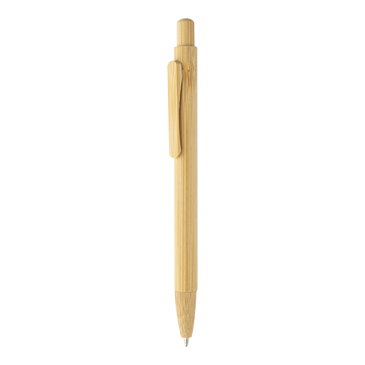 Penna a sfera con refill blu e con corpo, clip e pulsante in bambù — gadget promozionale personalizzabile con il tuo logo