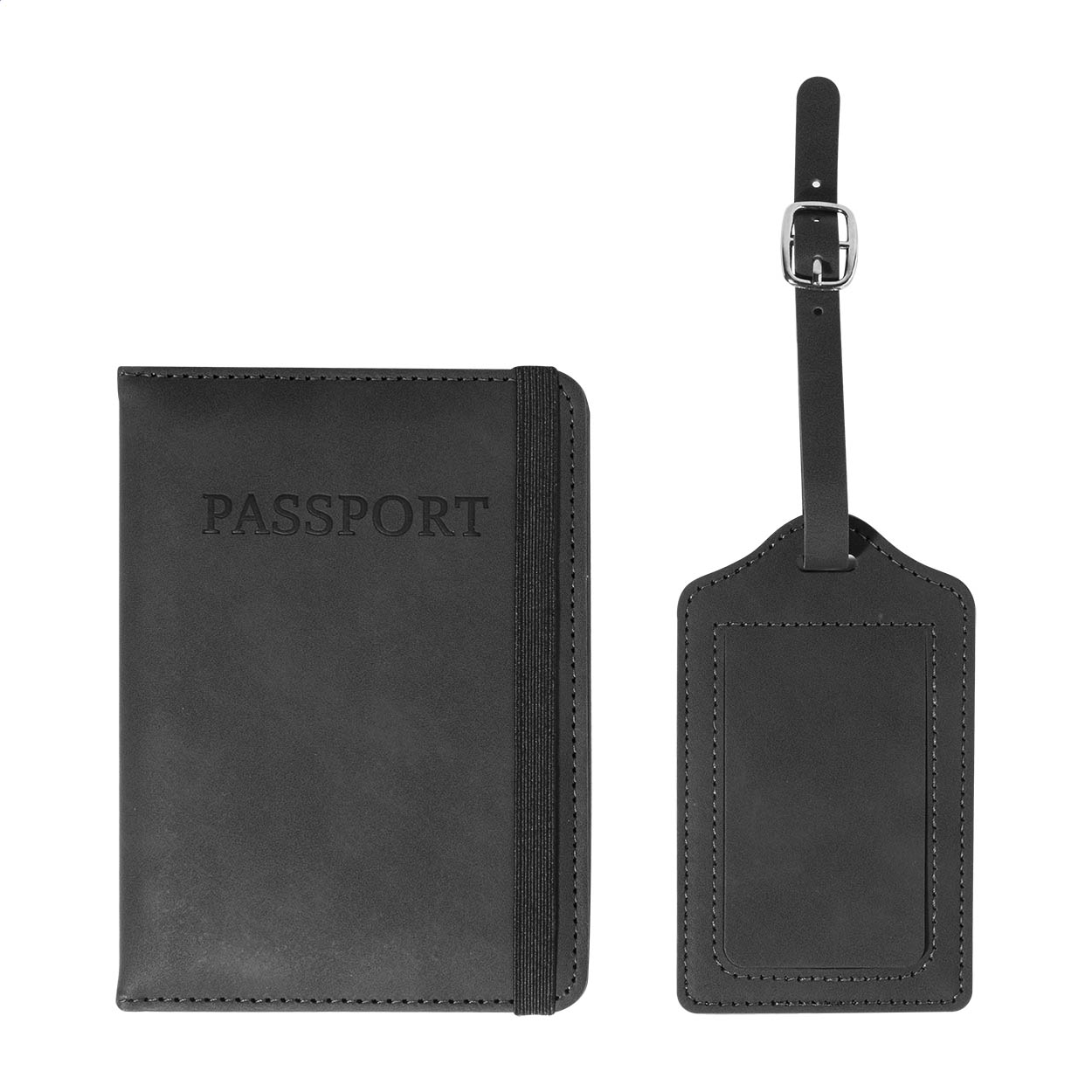 Set porta passaporto e etichetta bagaglio in RPU — gadget promozionale personalizzabile con il tuo logo