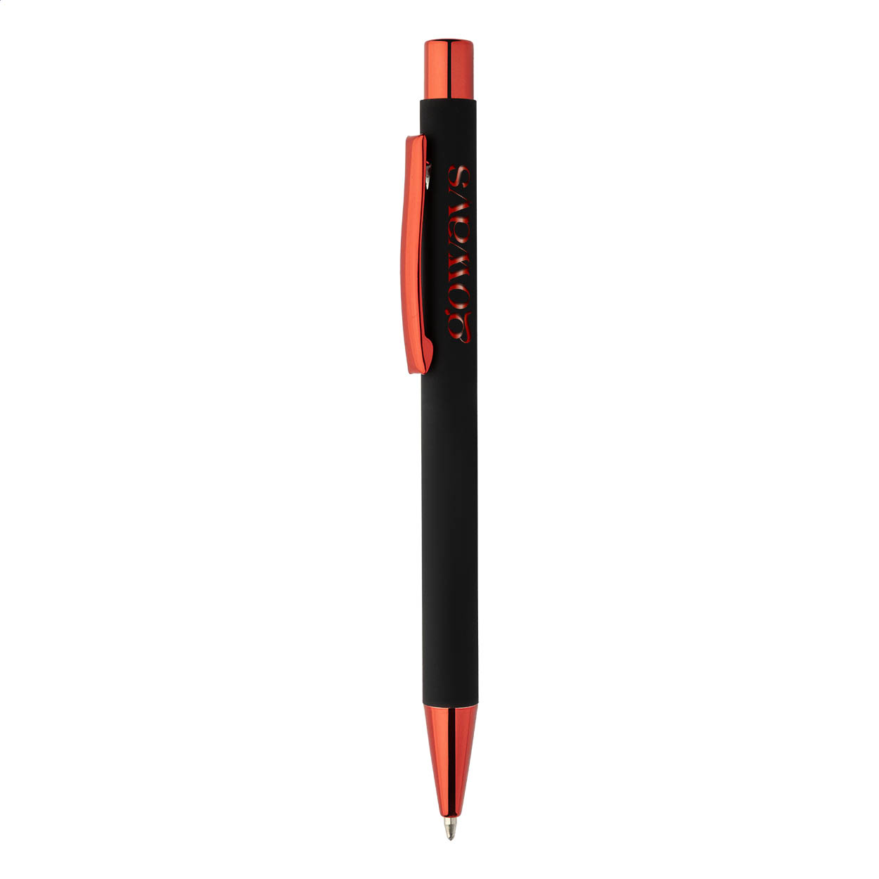 Penna a sfera in alluminio riciclato con corpo gommato nero e parti colorate con finitura metallica lucida — gadget promozionale personalizzabile con il tuo logo