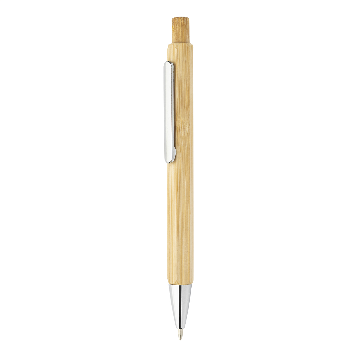 Penna a sfera in bambù esagonale con parti cromate e refill blu — gadget promozionale personalizzabile con il tuo logo