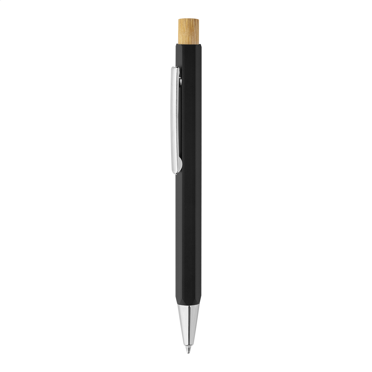 Penna a sfera esagonale in alluminio riciclato con pulsante in bambù, refill blu e parti cromate — gadget promozionale personalizzabile con il tuo logo