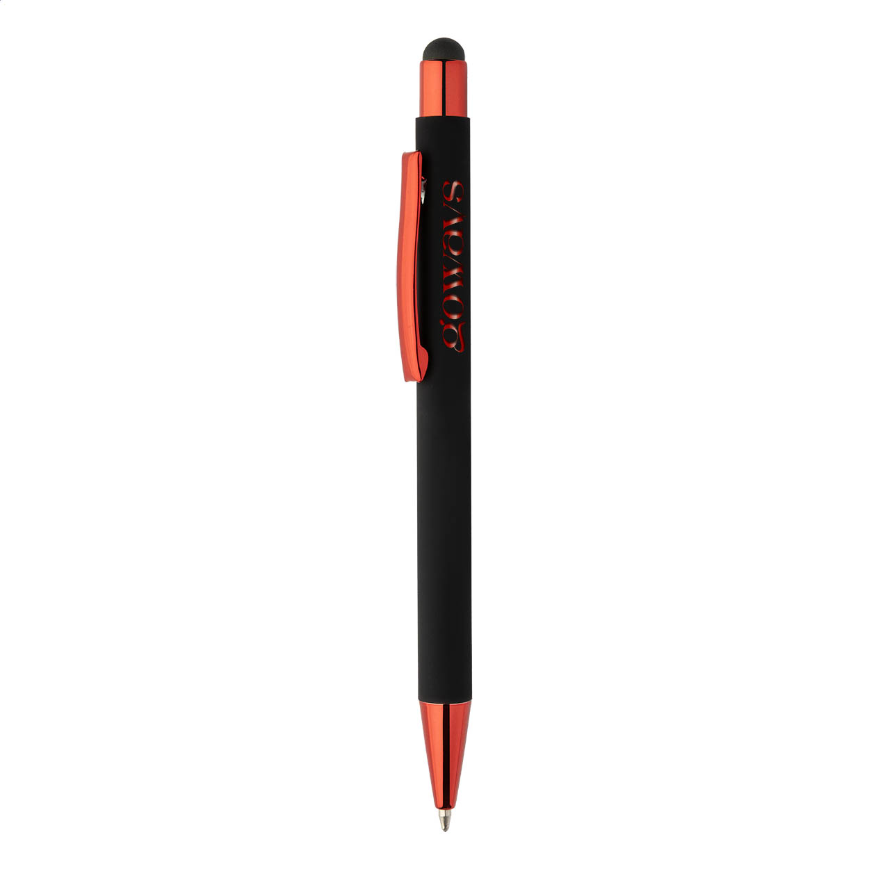 Penna a sfera capacitiva in alluminio riciclato con corpo gommato nero e parti colorate con finitura metallica lucida — gadget promozionale personalizzabile con il tuo logo