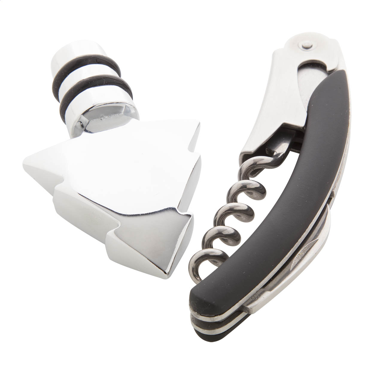 Set vino con cavatappi e tappo con decorazione albero di Natale sulla parte superiore — gadget promozionale personalizzabile con il tuo logo