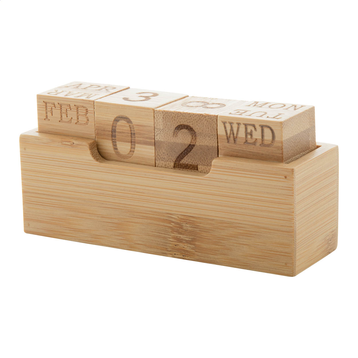 Calendario perpetuo da tavolo in bambù con 4 cubi — gadget promozionale personalizzabile con il tuo logo