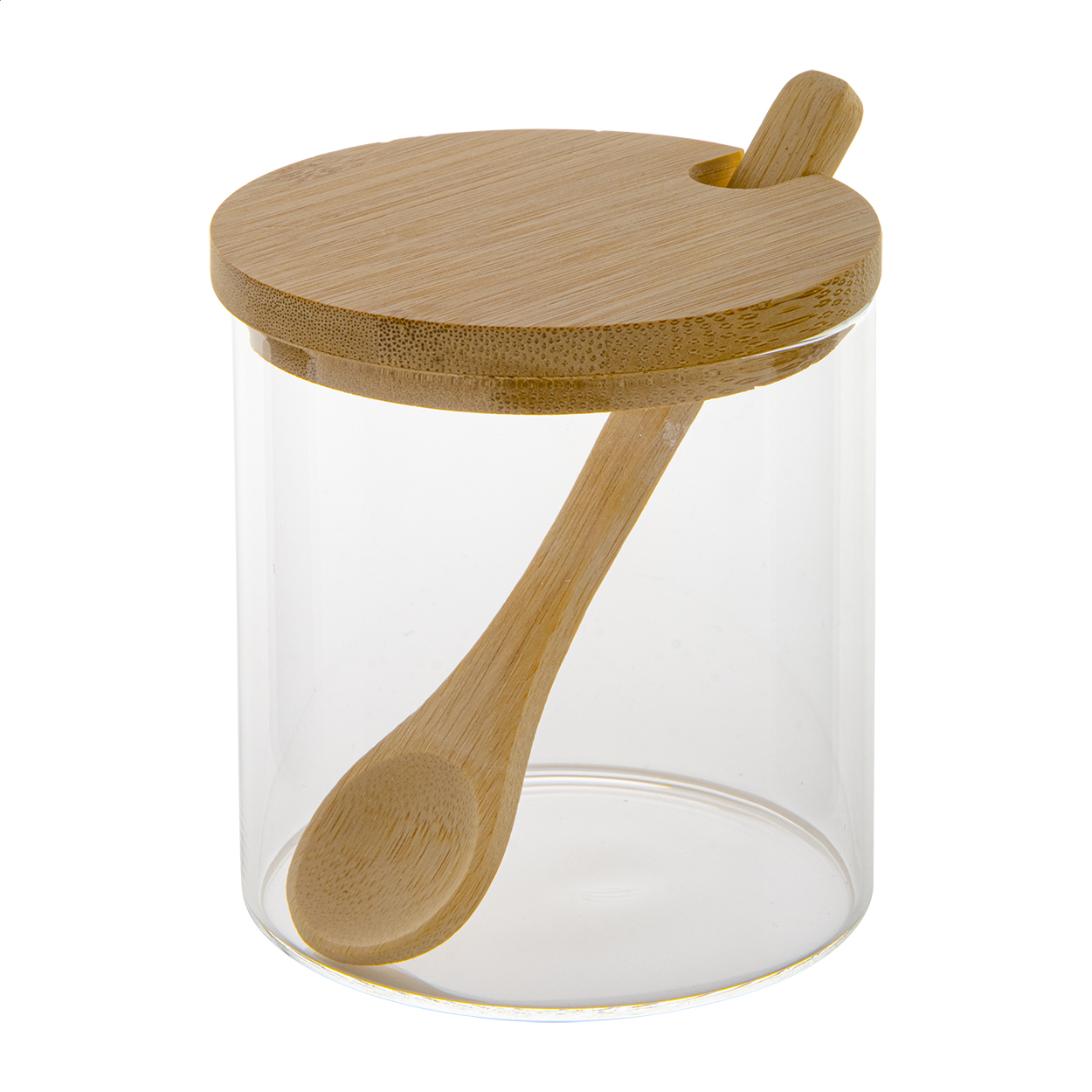 Barattolo porta spezie in vetro borosilicato con coperchio in bambù e cucchiaio, 300 ml — gadget promozionale personalizzabile con il tuo logo